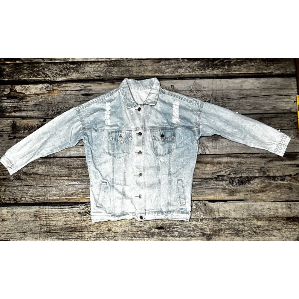 SE7EN Denim Distressed Trucker Jacket Pearls Women's Size XL Blue